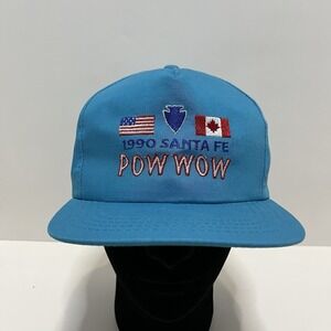 Vintage 1990 Santa Fe Pow Wow Hat Yupoong Made in Korea‎ Blue Snapback